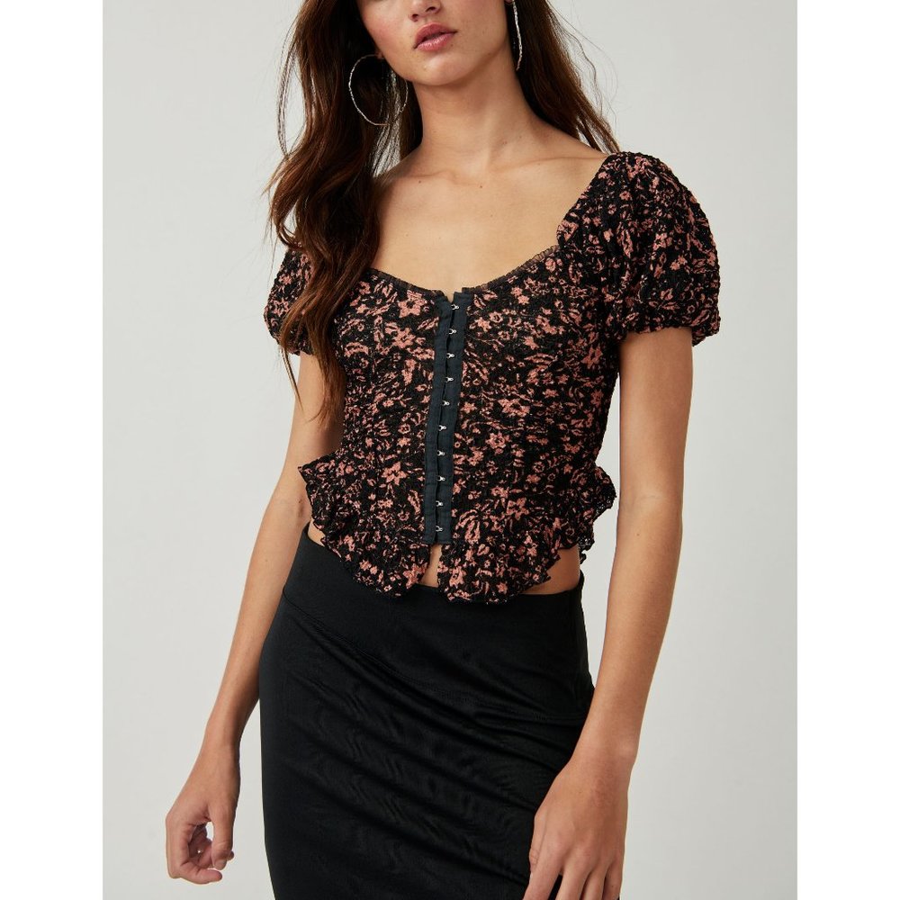 Free People Black Top with Bronze Floral Print